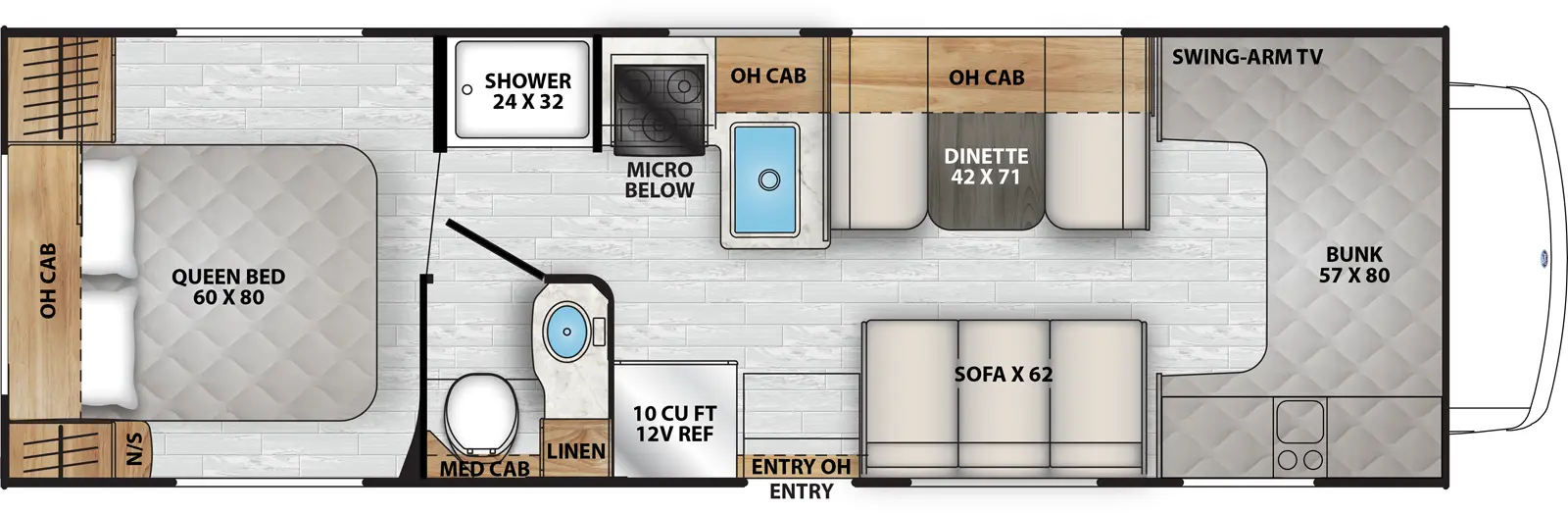 The Freelander 27QB Chevy 3500 has one entry and zero slide outs. Exterior features include: 20' awning. Interiors features include: rear bedroom and bunk over cab.
